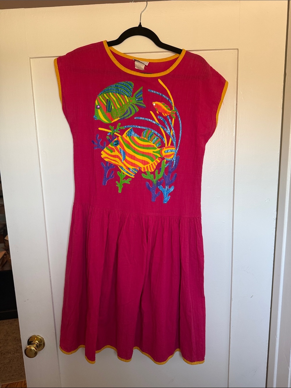 Vintage Bright Pink Midi Dress with Colorful Fish Embroidery